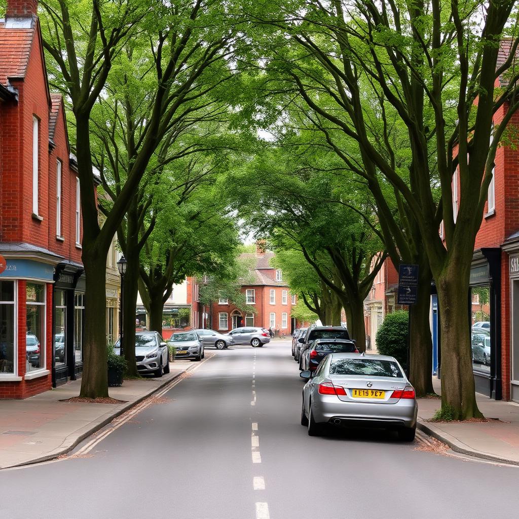 Tree-lined Victorian shopfronts on the village high street of Tiptree, Essex