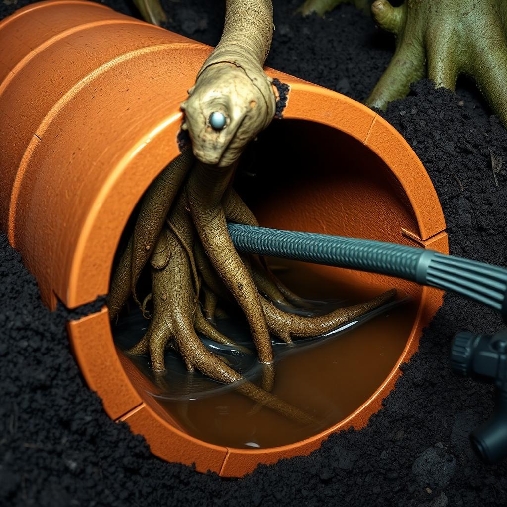 Tree roots invading a cracked clay drain joint with a mechanical root-cutting head working inside the pipe — root intrusion removal