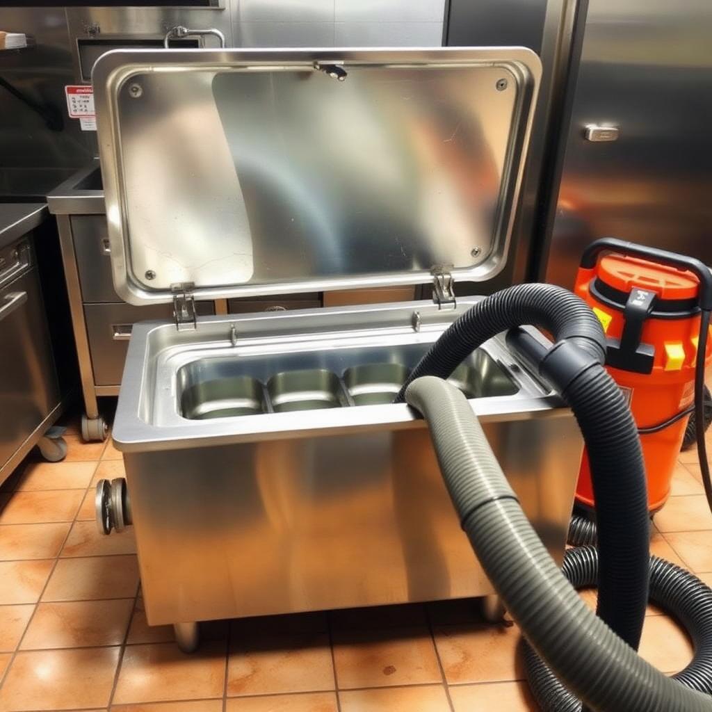 Stainless steel commercial kitchen grease trap with the lid lifted open and wet-vac hose ready for cleaning — commercial grease trap maintenance