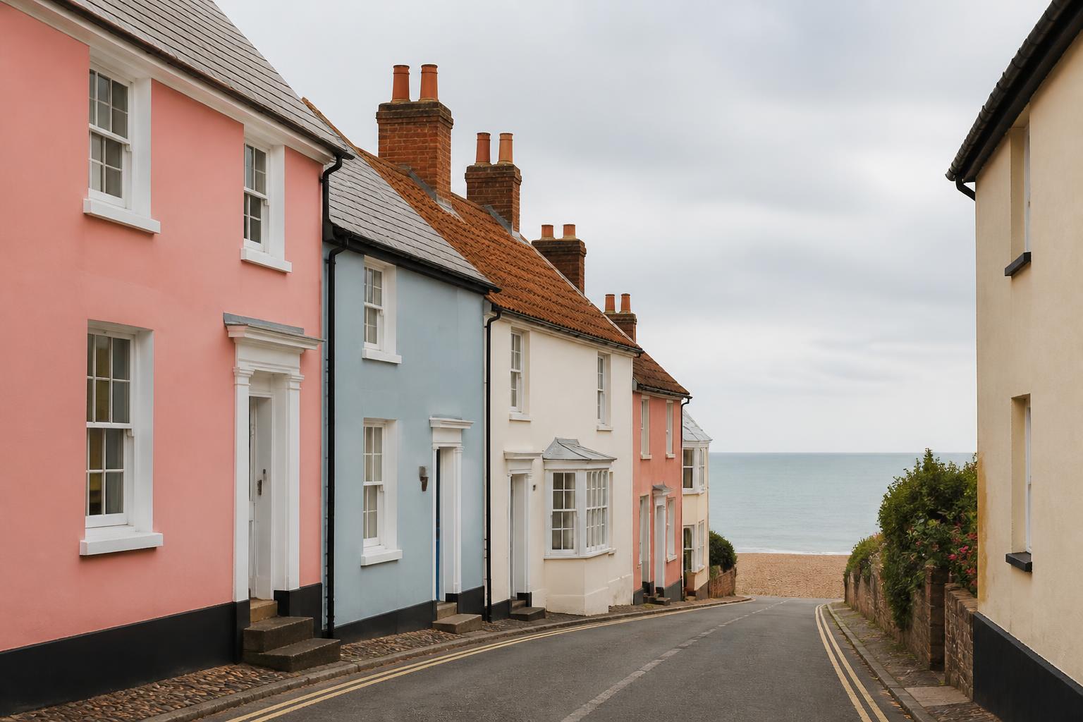 Pastel-painted seaside cottages on a coastal village high street looking out over the Suffolk shingle beach and North Sea