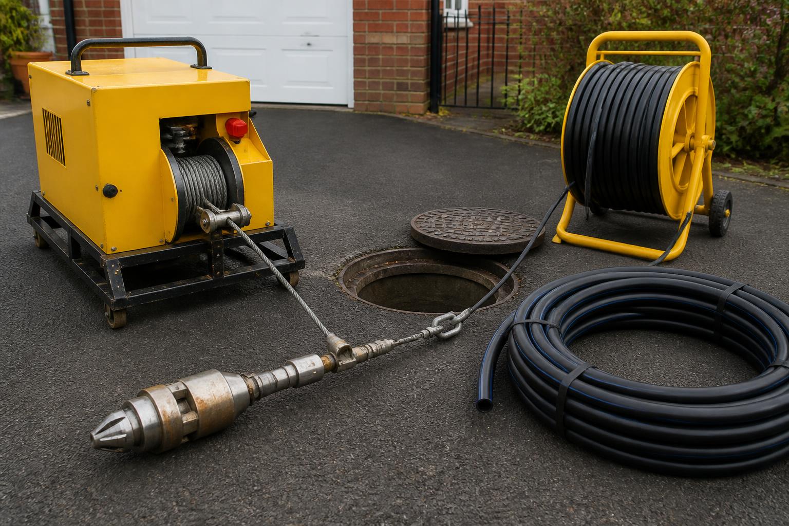 No-dig trenchless drainage equipment — pipe-bursting winch, cable reel and HDPE replacement pipe set up beside an open manhole on an intact driveway
