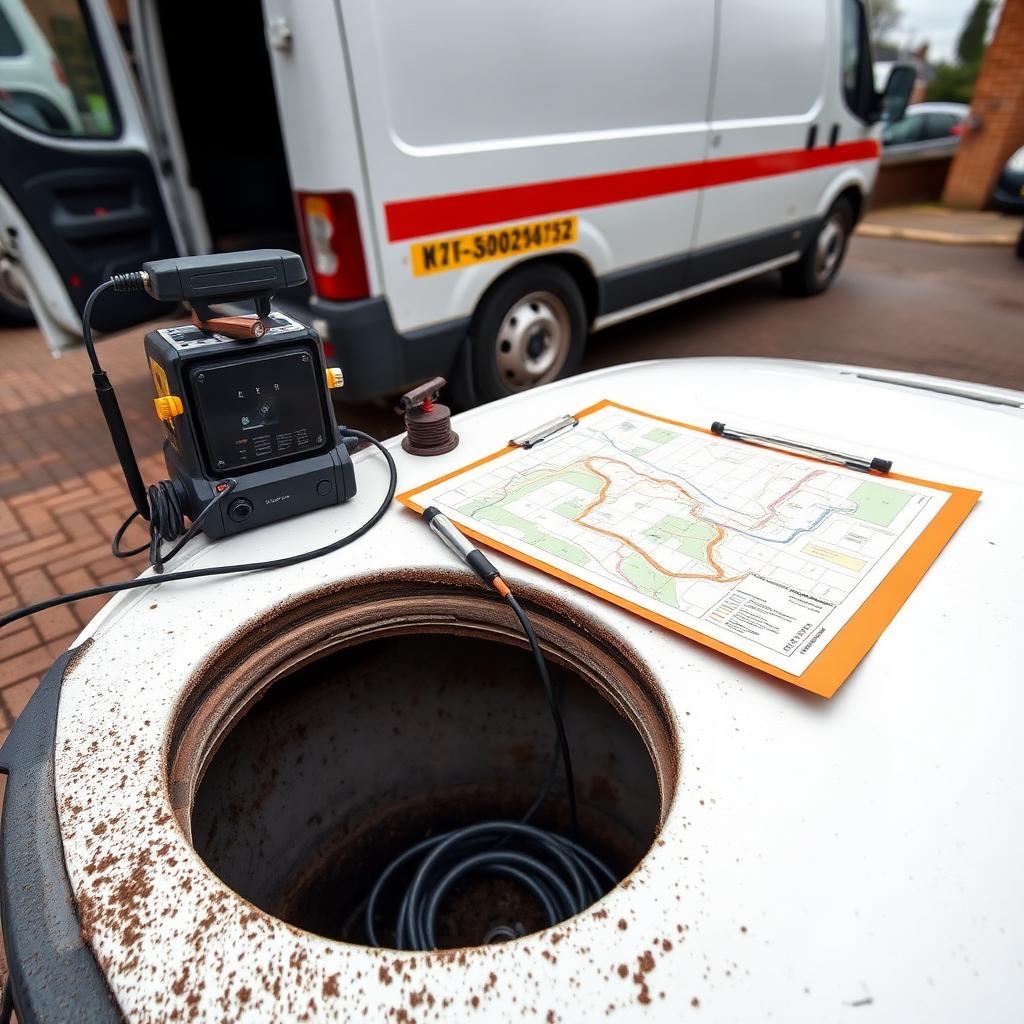 Printed drainage layout map, sonde locator wand and CCTV crawler unit set out on a van bonnet beside an open driveway manhole — drain mapping and surveying
