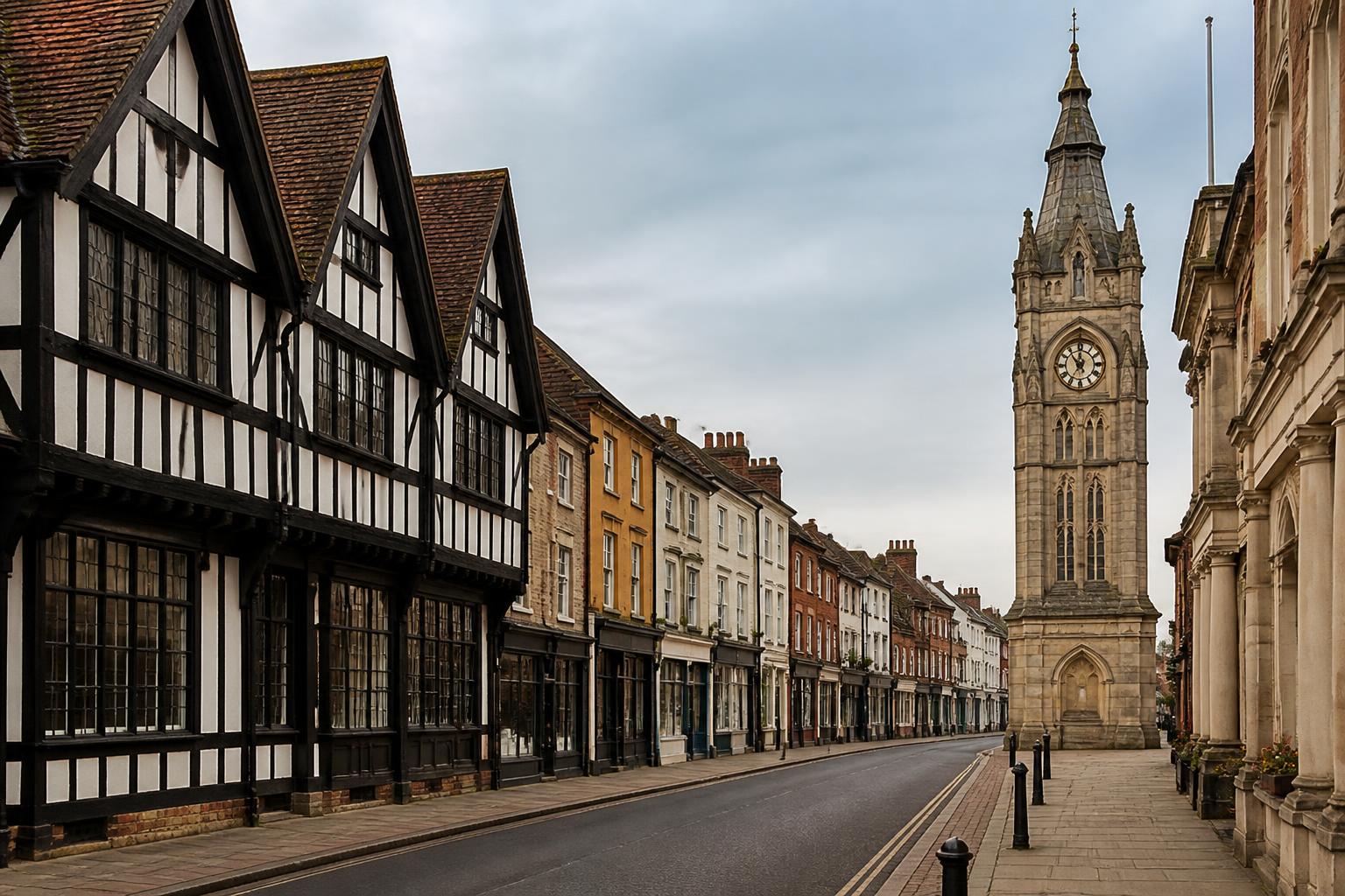 Timber-framed Tudor buildings and the Victorian clock tower on Braintree high street, Essex