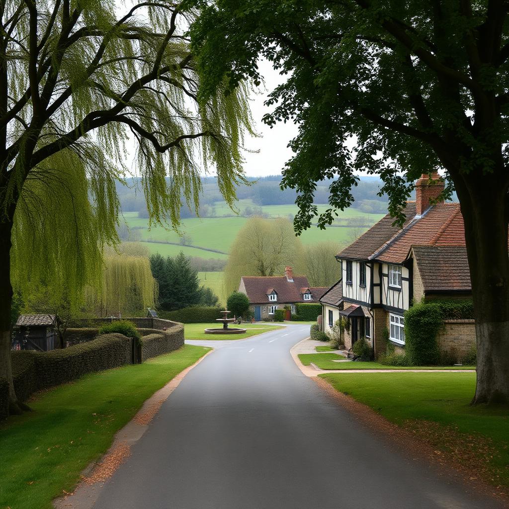 Quiet country lane through Eight Ash Green, Essex, lined with mature trees and traditional timber-framed cottages