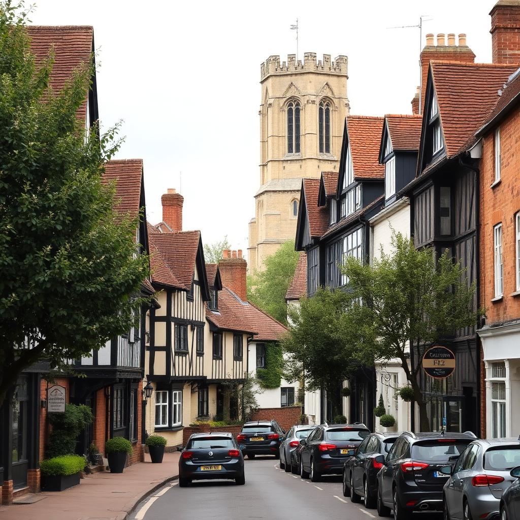 Timber-framed and Georgian buildings on the village high street of Kelvedon, Essex, with a flint church tower behind