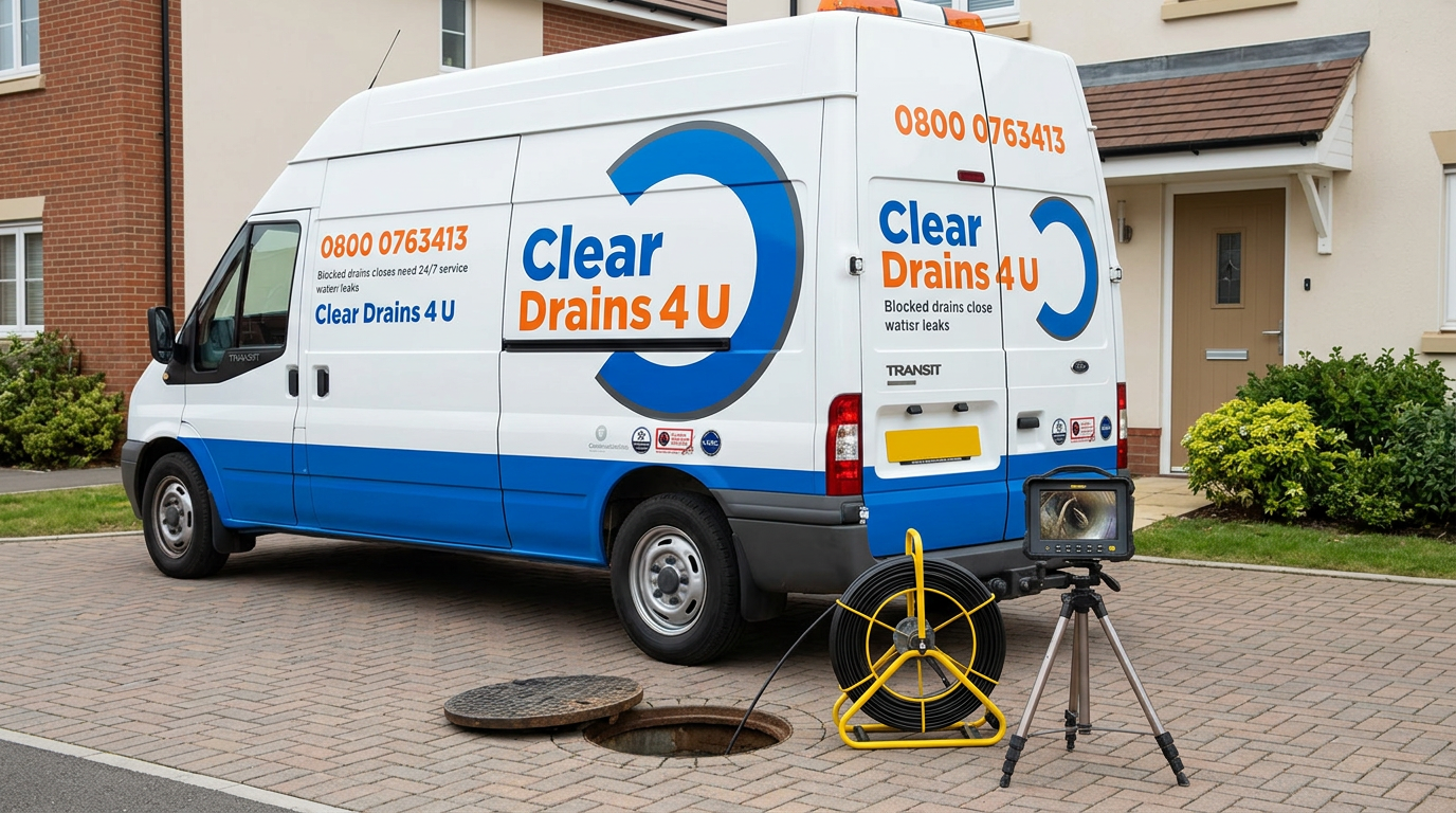 Clear Drains 4 U van parked on a residential driveway beside an open manhole with a CCTV drain survey cable reel and colour monitor set up — Essex CCTV drain inspection