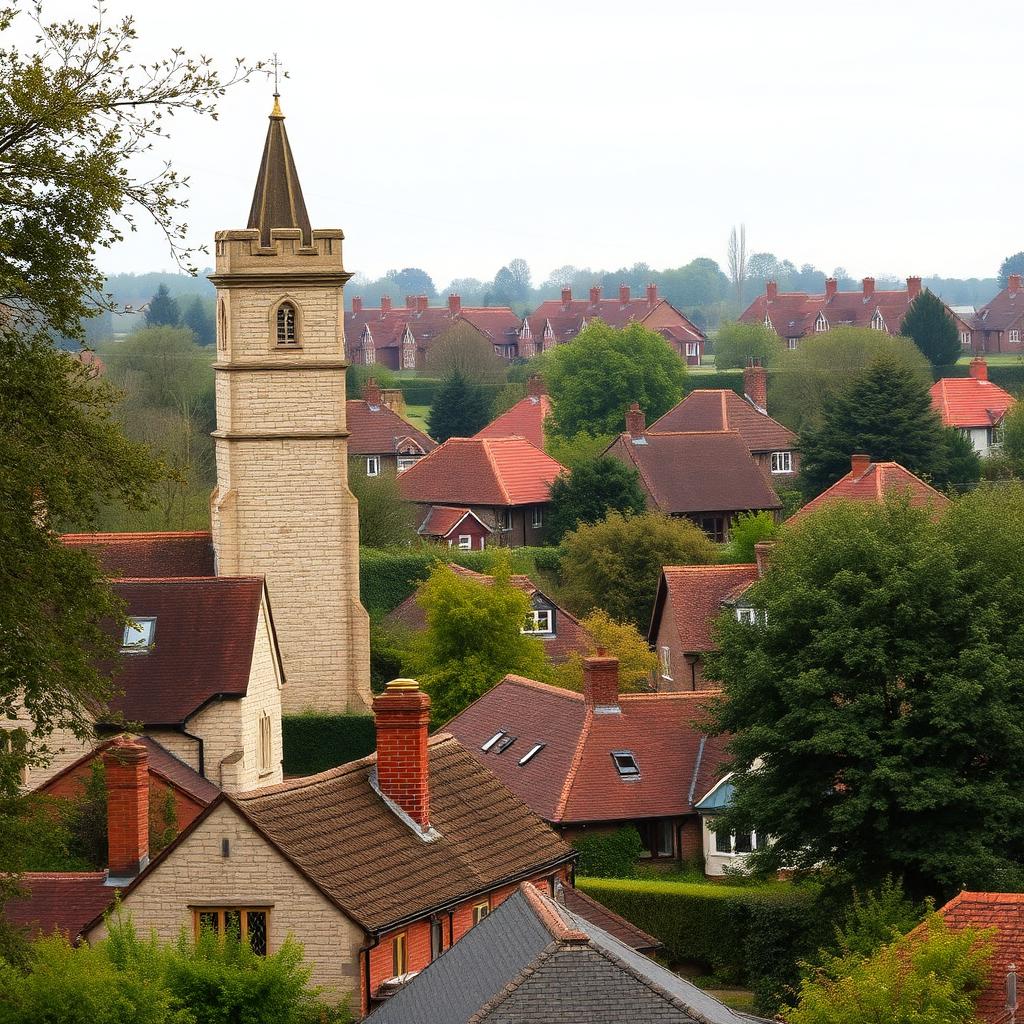 Stanway village near Colchester, Essex — flint parish church tower and red-brick rooftops set against open Essex countryside